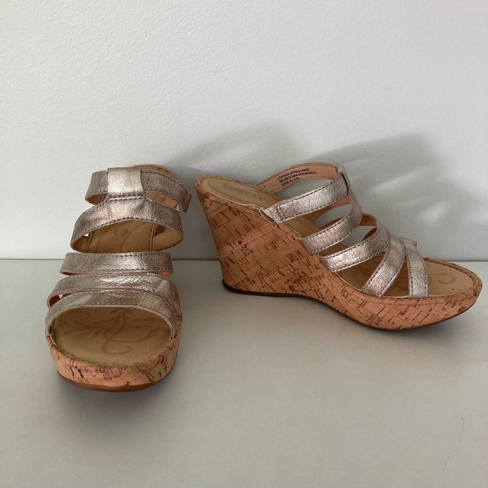 Silver Metallic BORN Lisi Cork Wedge Sandals 6 36.5 - Picture 2 of 10